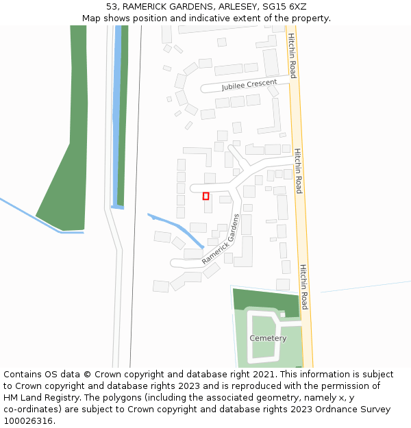 53, RAMERICK GARDENS, ARLESEY, SG15 6XZ: Location map and indicative extent of plot