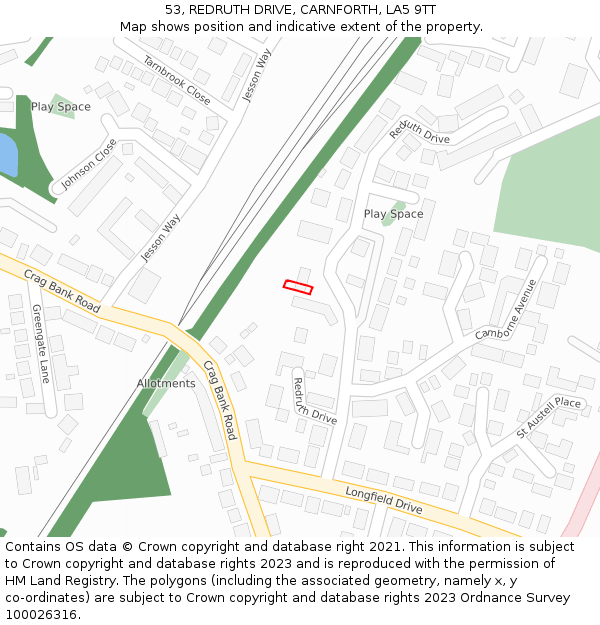 53, REDRUTH DRIVE, CARNFORTH, LA5 9TT: Location map and indicative extent of plot