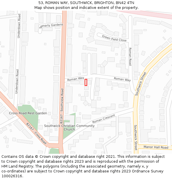 53, ROMAN WAY, SOUTHWICK, BRIGHTON, BN42 4TN: Location map and indicative extent of plot