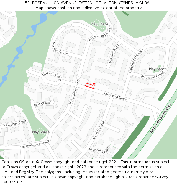 53, ROSEMULLION AVENUE, TATTENHOE, MILTON KEYNES, MK4 3AH: Location map and indicative extent of plot