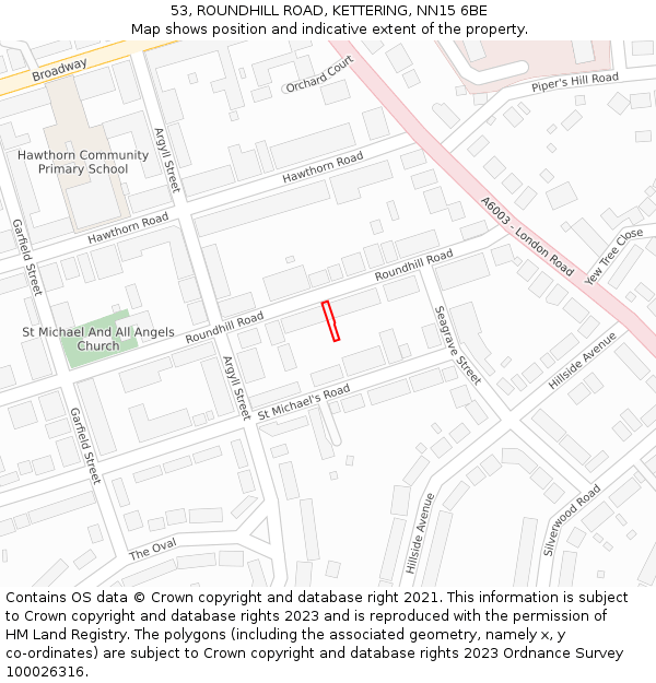 53, ROUNDHILL ROAD, KETTERING, NN15 6BE: Location map and indicative extent of plot
