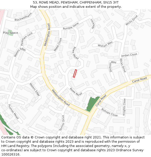 53, ROWE MEAD, PEWSHAM, CHIPPENHAM, SN15 3YT: Location map and indicative extent of plot