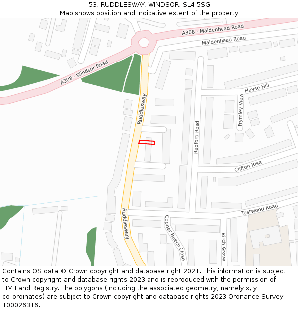 53, RUDDLESWAY, WINDSOR, SL4 5SG: Location map and indicative extent of plot