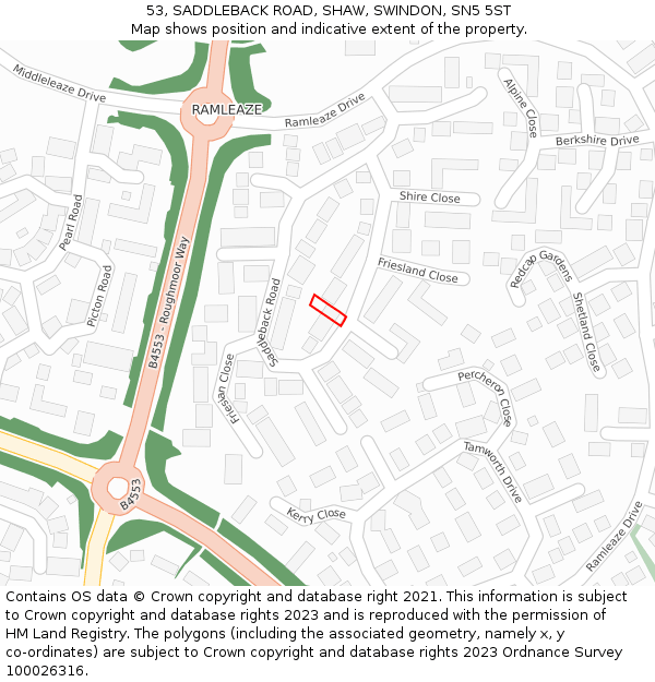 53, SADDLEBACK ROAD, SHAW, SWINDON, SN5 5ST: Location map and indicative extent of plot