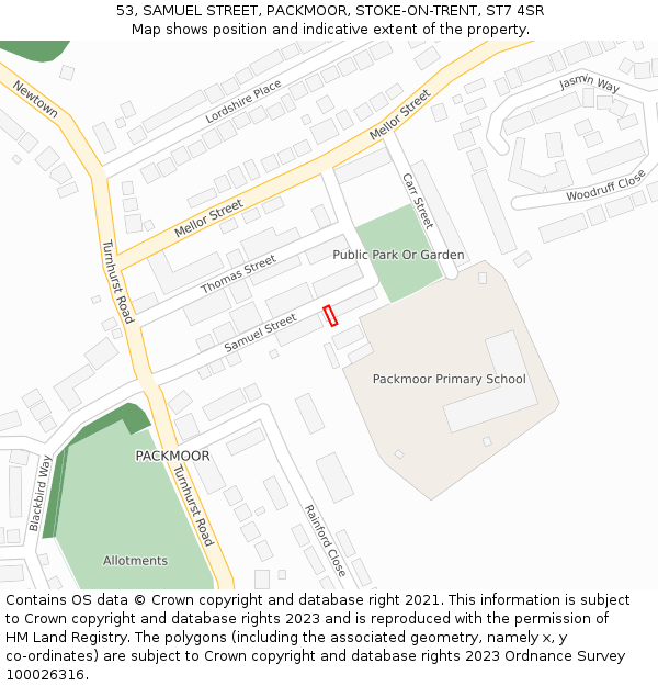 53, SAMUEL STREET, PACKMOOR, STOKE-ON-TRENT, ST7 4SR: Location map and indicative extent of plot