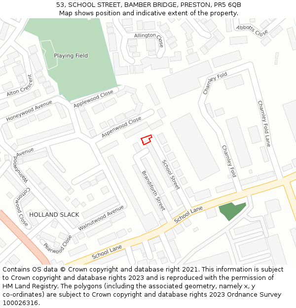 53, SCHOOL STREET, BAMBER BRIDGE, PRESTON, PR5 6QB: Location map and indicative extent of plot