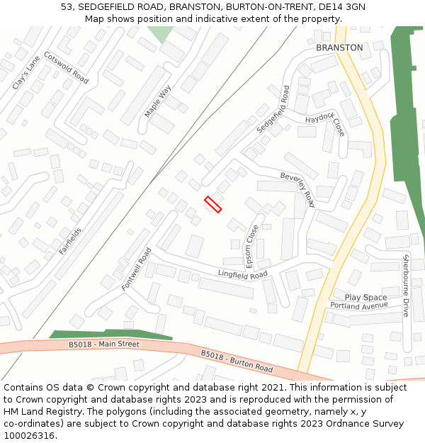 53, SEDGEFIELD ROAD, BRANSTON, BURTON-ON-TRENT, DE14 3GN: Location map and indicative extent of plot