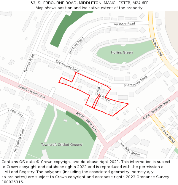 53, SHERBOURNE ROAD, MIDDLETON, MANCHESTER, M24 6FF: Location map and indicative extent of plot