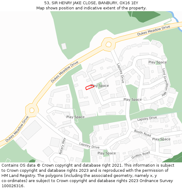 53, SIR HENRY JAKE CLOSE, BANBURY, OX16 1EY: Location map and indicative extent of plot