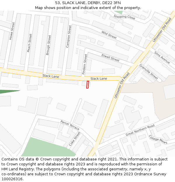 53, SLACK LANE, DERBY, DE22 3FN: Location map and indicative extent of plot