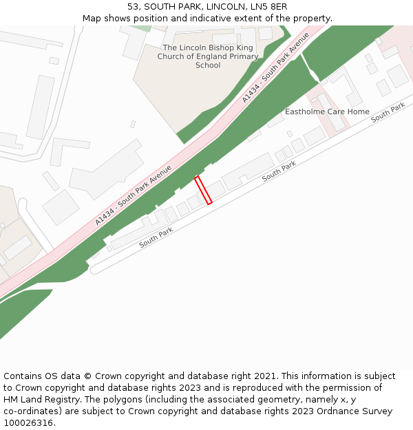 53, SOUTH PARK, LINCOLN, LN5 8ER: Location map and indicative extent of plot