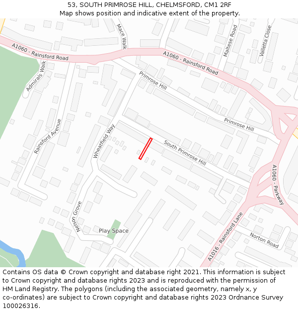 53, SOUTH PRIMROSE HILL, CHELMSFORD, CM1 2RF: Location map and indicative extent of plot