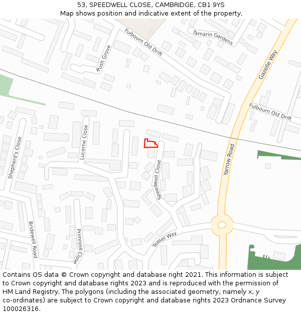 53, SPEEDWELL CLOSE, CAMBRIDGE, CB1 9YS: Location map and indicative extent of plot