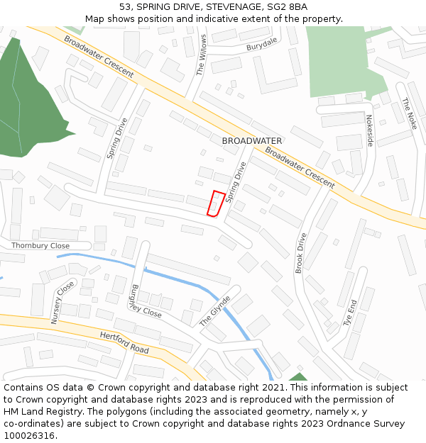 53, SPRING DRIVE, STEVENAGE, SG2 8BA: Location map and indicative extent of plot
