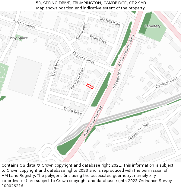 53, SPRING DRIVE, TRUMPINGTON, CAMBRIDGE, CB2 9AB: Location map and indicative extent of plot