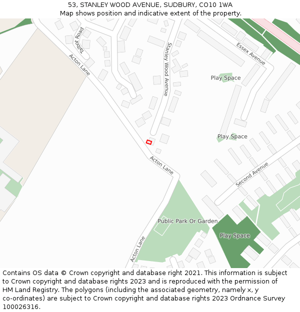 53, STANLEY WOOD AVENUE, SUDBURY, CO10 1WA: Location map and indicative extent of plot