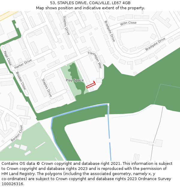 53, STAPLES DRIVE, COALVILLE, LE67 4GB: Location map and indicative extent of plot