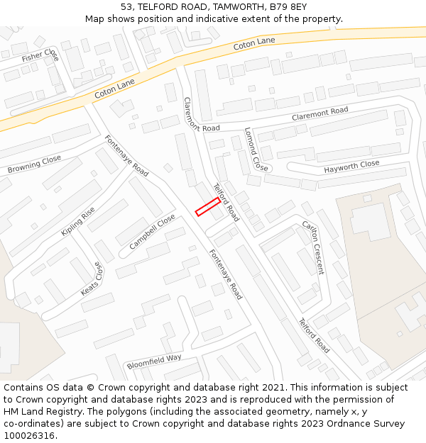 53, TELFORD ROAD, TAMWORTH, B79 8EY: Location map and indicative extent of plot