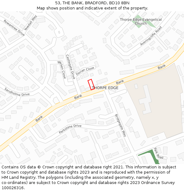 53, THE BANK, BRADFORD, BD10 8BN: Location map and indicative extent of plot