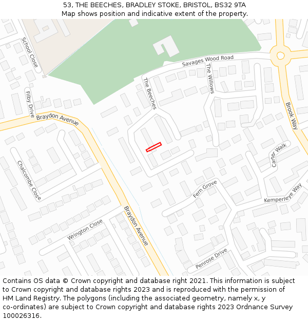 53, THE BEECHES, BRADLEY STOKE, BRISTOL, BS32 9TA: Location map and indicative extent of plot