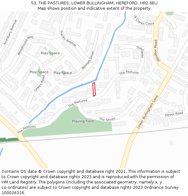 53, THE PASTURES, LOWER BULLINGHAM, HEREFORD, HR2 6EU: Location map and indicative extent of plot