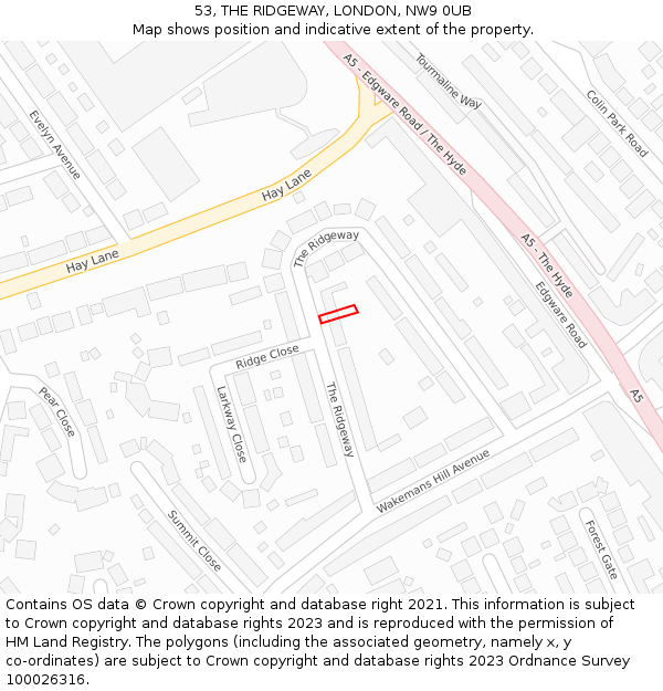 53, THE RIDGEWAY, LONDON, NW9 0UB: Location map and indicative extent of plot