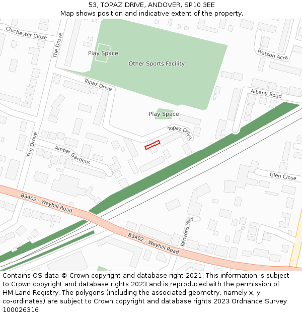 53, TOPAZ DRIVE, ANDOVER, SP10 3EE: Location map and indicative extent of plot