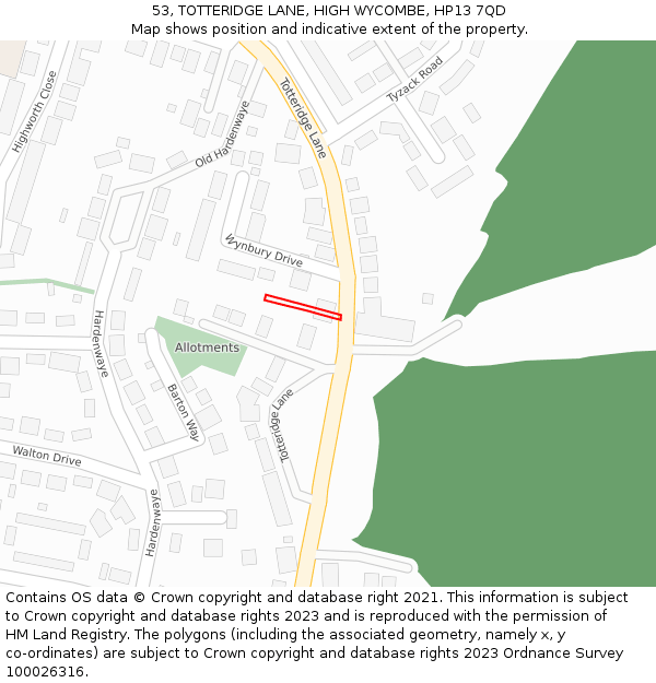 53, TOTTERIDGE LANE, HIGH WYCOMBE, HP13 7QD: Location map and indicative extent of plot