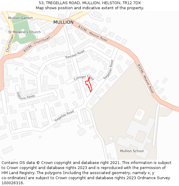53, TREGELLAS ROAD, MULLION, HELSTON, TR12 7DX: Location map and indicative extent of plot
