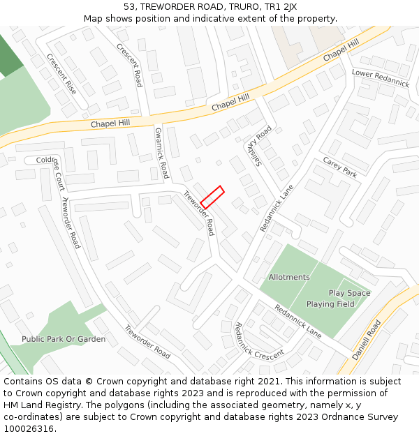 53, TREWORDER ROAD, TRURO, TR1 2JX: Location map and indicative extent of plot