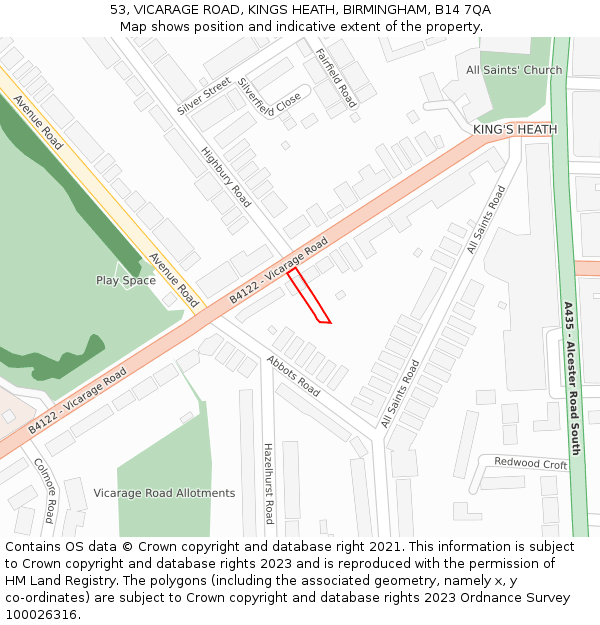 53, VICARAGE ROAD, KINGS HEATH, BIRMINGHAM, B14 7QA: Location map and indicative extent of plot