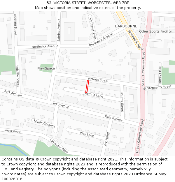 53, VICTORIA STREET, WORCESTER, WR3 7BE: Location map and indicative extent of plot