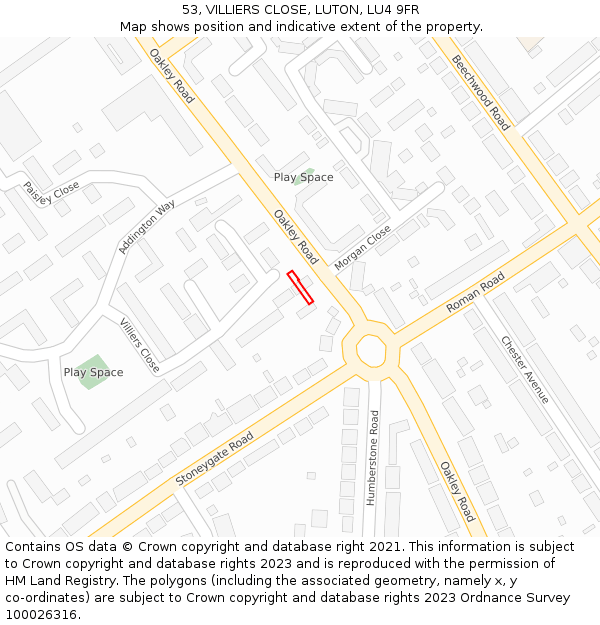 53, VILLIERS CLOSE, LUTON, LU4 9FR: Location map and indicative extent of plot