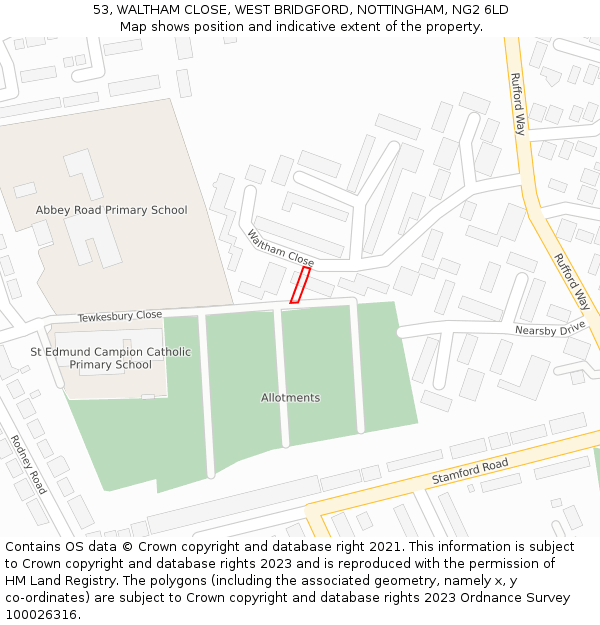 53, WALTHAM CLOSE, WEST BRIDGFORD, NOTTINGHAM, NG2 6LD: Location map and indicative extent of plot