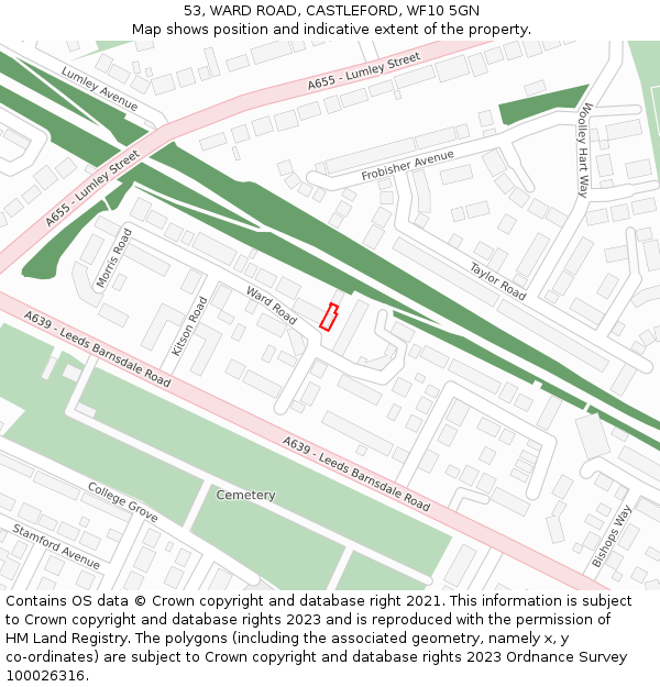 53, WARD ROAD, CASTLEFORD, WF10 5GN: Location map and indicative extent of plot