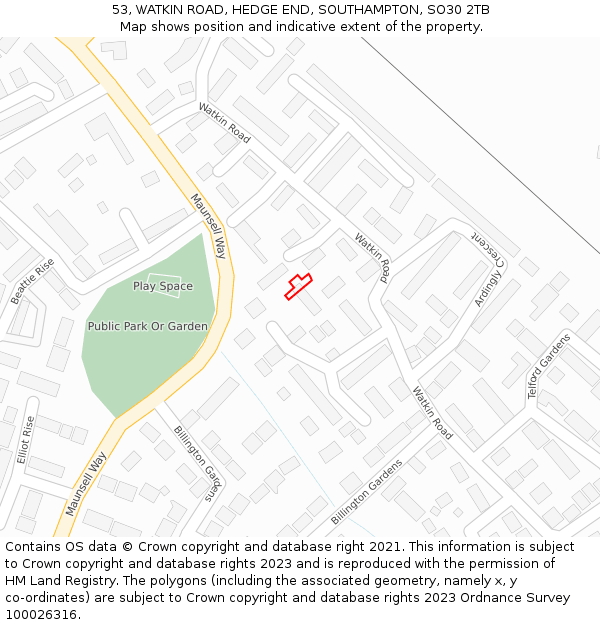 53, WATKIN ROAD, HEDGE END, SOUTHAMPTON, SO30 2TB: Location map and indicative extent of plot