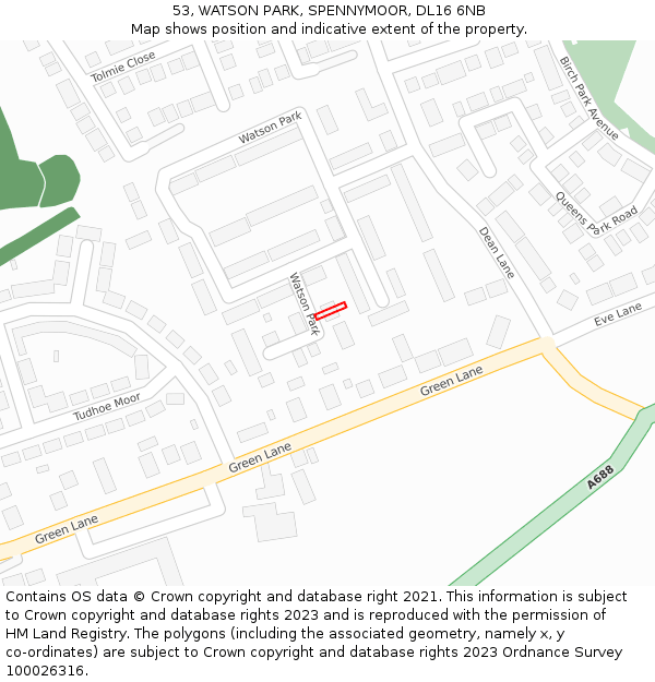 53, WATSON PARK, SPENNYMOOR, DL16 6NB: Location map and indicative extent of plot