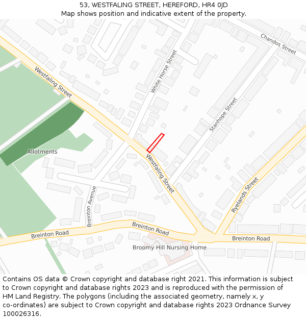 53, WESTFALING STREET, HEREFORD, HR4 0JD: Location map and indicative extent of plot