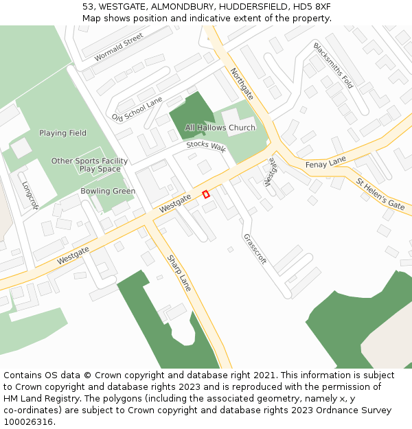 53, WESTGATE, ALMONDBURY, HUDDERSFIELD, HD5 8XF: Location map and indicative extent of plot