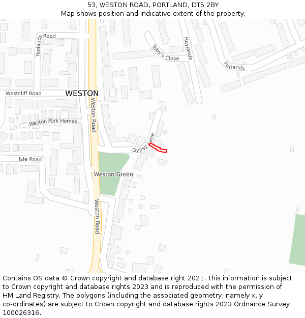 53, WESTON ROAD, PORTLAND, DT5 2BY: Location map and indicative extent of plot