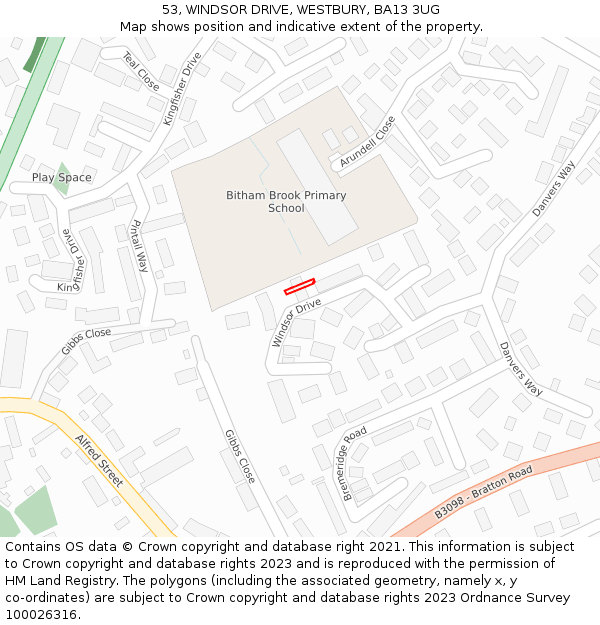 53, WINDSOR DRIVE, WESTBURY, BA13 3UG: Location map and indicative extent of plot
