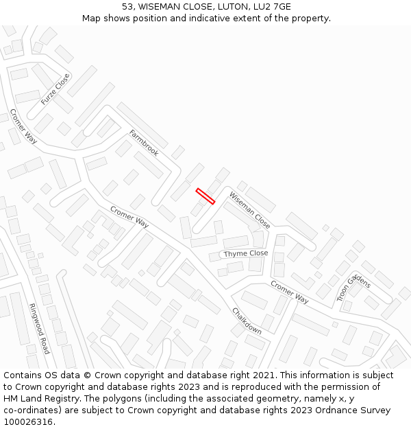53, WISEMAN CLOSE, LUTON, LU2 7GE: Location map and indicative extent of plot