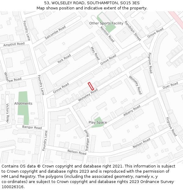 53, WOLSELEY ROAD, SOUTHAMPTON, SO15 3ES: Location map and indicative extent of plot