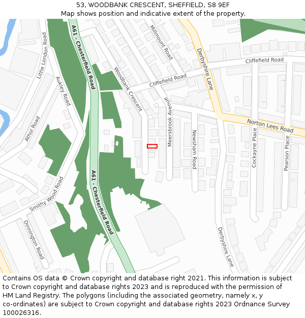 53, WOODBANK CRESCENT, SHEFFIELD, S8 9EF: Location map and indicative extent of plot