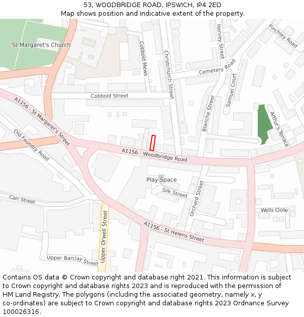 53, WOODBRIDGE ROAD, IPSWICH, IP4 2ED: Location map and indicative extent of plot