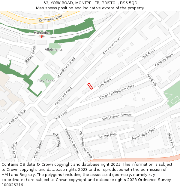 53, YORK ROAD, MONTPELIER, BRISTOL, BS6 5QD: Location map and indicative extent of plot
