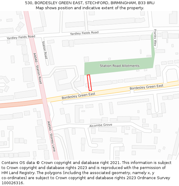 530, BORDESLEY GREEN EAST, STECHFORD, BIRMINGHAM, B33 8RU: Location map and indicative extent of plot
