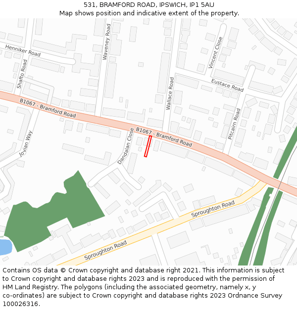 531, BRAMFORD ROAD, IPSWICH, IP1 5AU: Location map and indicative extent of plot