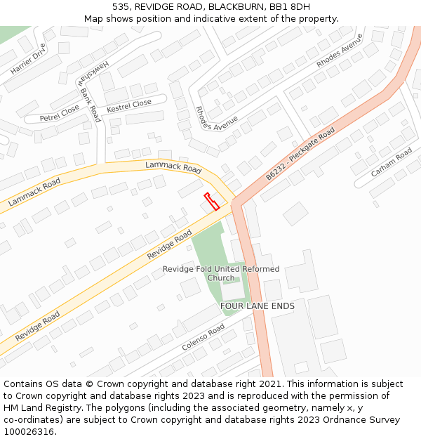 535, REVIDGE ROAD, BLACKBURN, BB1 8DH: Location map and indicative extent of plot