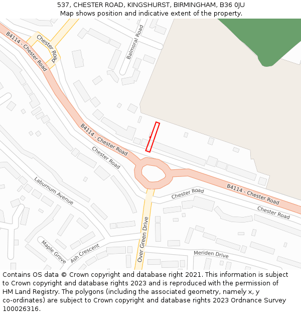 537, CHESTER ROAD, KINGSHURST, BIRMINGHAM, B36 0JU: Location map and indicative extent of plot